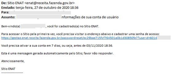 Email enviado pelo Sítio Enat - 1º acesso